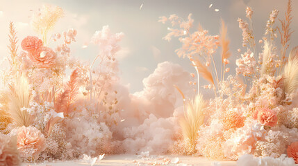 Wedding background with elegant floral decorations, soft pastel tones. invitations and wedding decor. Blissful. Illustration