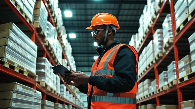 In a high-ceilinged warehouse, a loader in a reflective vest and helmet holds a tablet, deeply engaged in data checks near packed shelves, perfect for wholesale and tech themes.