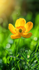 Fototapeta premium Yellow flower is in a field of green grass
