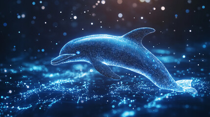 Fototapeta premium A glowing dolphin icon surrounded by echolocation data, representing online marine biology platforms, smart tracking tools, and digital conservation resources. 