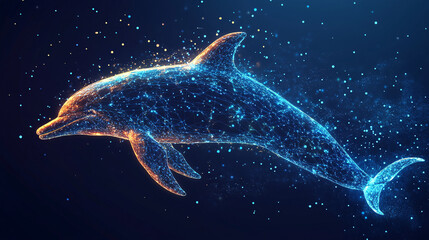 Fototapeta premium A glowing dolphin icon surrounded by echolocation data, representing online marine biology platforms, smart tracking tools, and digital conservation resources. 