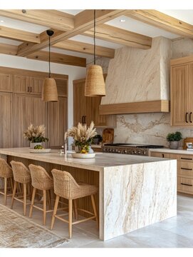 Bright kitchen features detailed wood cabinets, elegant marble counters, and vintage light fixtures for warmth