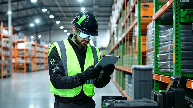 In a spacious modern grocery warehouse, a loader in reflective vest and helmet looks intently at a tablet screen, conducting an audit near shelves stacked with products, ideal for