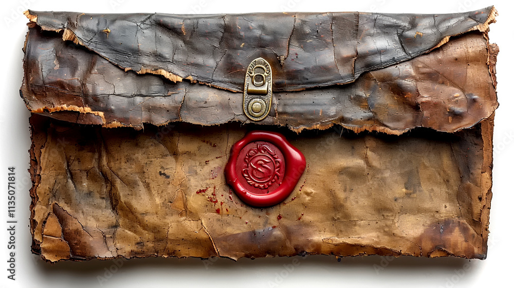 Poster ancient envelope sealed with wax resting on a textured surface in soft light