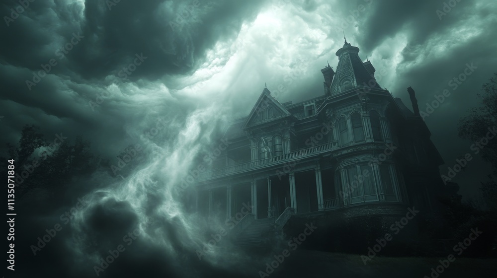 Poster A dark and atmospheric scene of a gothic-style mansion enveloped by swirling mist and stormy clouds, creating a foreboding and mysterious vibe, perfect for eerie or fantasy themes.. AI Generation