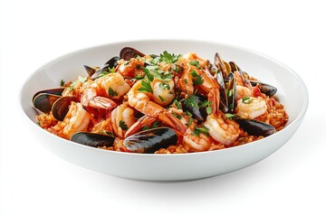  A bowl of arroz de marisco (Portuguese seafood rice) with shrimp, mussels, and clams.