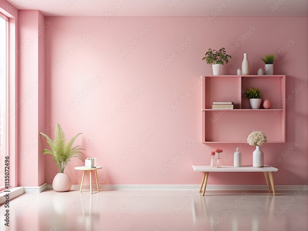 Aufkleber minimalist room in soft pink hue with ample copy space for product display or text, perfect for mode