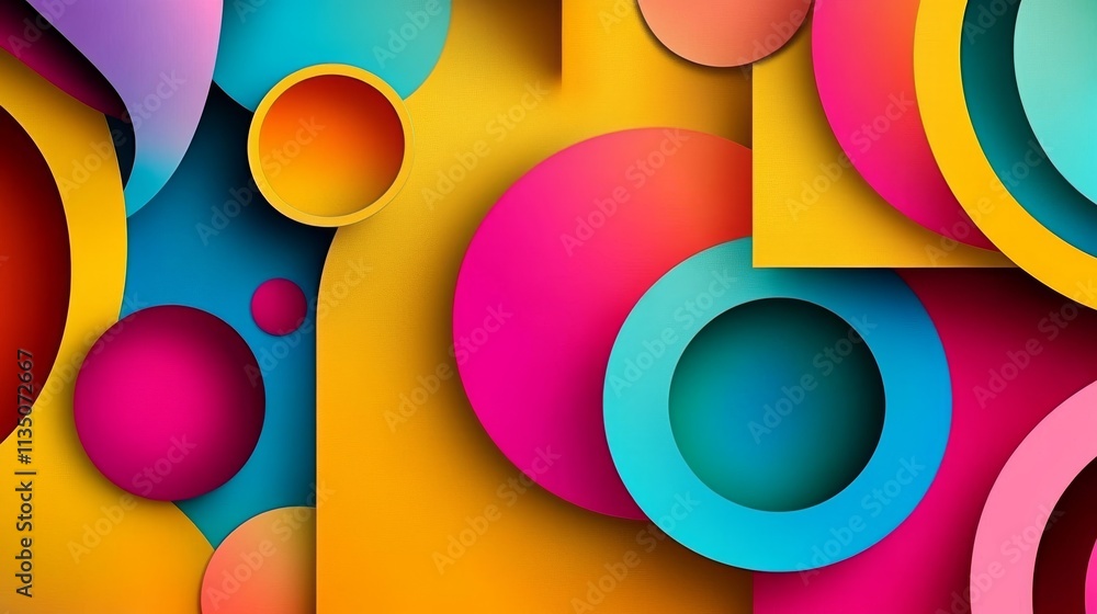 Poster a modern abstract composition featuring layered geometric circles in vivid hues. the vibrant colors 