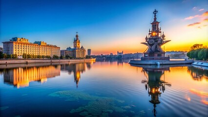 Obraz premium Minimalist Scenic View of Peter the Great Monument on Moscow River with Clear Blue Sky and Reflections in Water, Capturing Tranquility in Urban Landscape