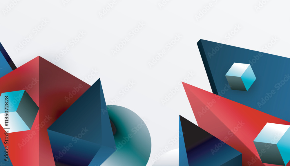 Poster Abstract design showcasing isometric cubes, pyramids, squares, and spheres in a vibrant 3D layout. Modern and dynamic, perfect for tech, design, or futuristic themes