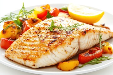  A fillet of grilled barramundi served on a white plate with a side of roasted vegetables and lemon wedge.