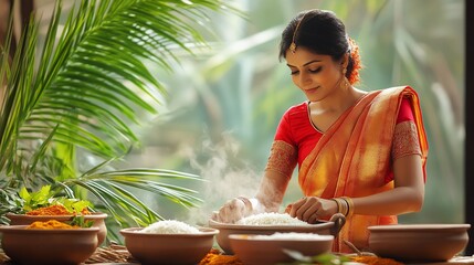 Woman in saree preparing rice.