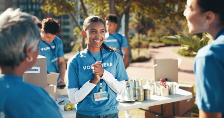 Happiness, volunteer woman and charity as group for community service, project or nonprofit...