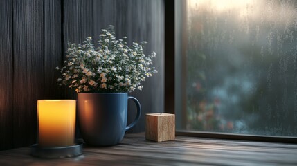 Fototapeta premium A blue mug with delicate flowers, a wooden block, and a lit candle sit on a wooden windowsill, surrounded by misty weather outside. The warm candlelight creates a cozy and peaceful indoor scene.. AI