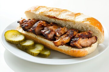 A Portuguese bifana sandwich with marinated pork and fresh bread.