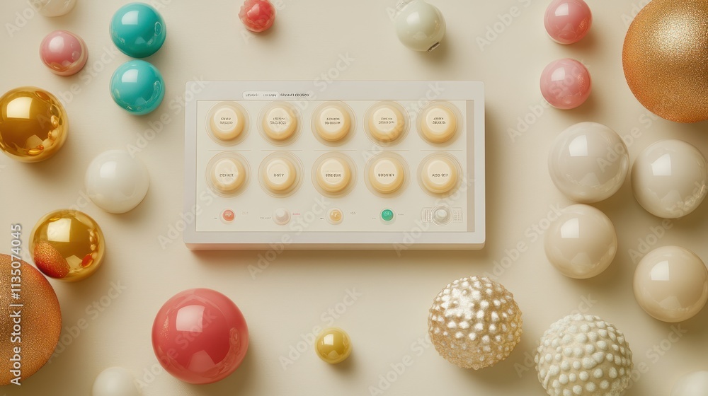 Poster colorful spheres surround a device with labeled buttons