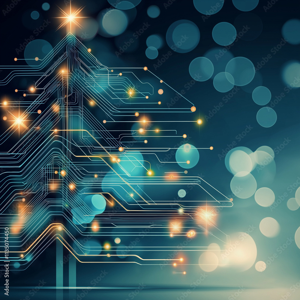 Wall mural a christmas tree and light design with technical elements such as circuits.