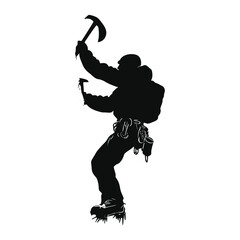A silhouette of an ice climber scaling