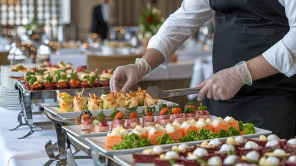 Waiter's hands in rubber gloves preparing food for buffet in restaurant. Catering company arranges various snacks on serving table. professional catering event