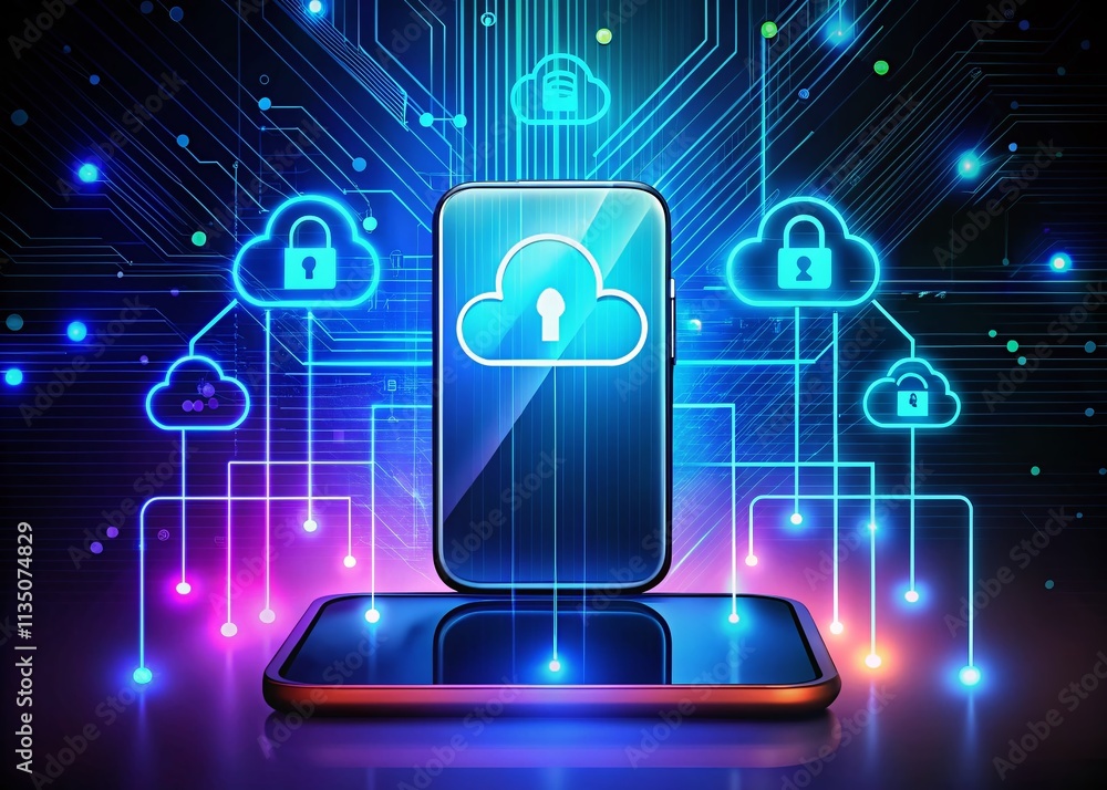 Poster mobile data synchronization to cloud conceptual illustration representing seamless data transfer and
