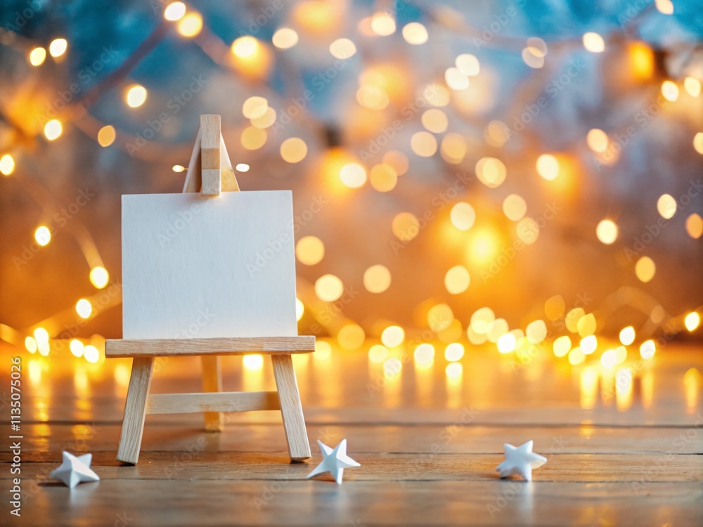 Poster mock up of a mini easel displaying a white business card with a bokeh of stars garland background fo