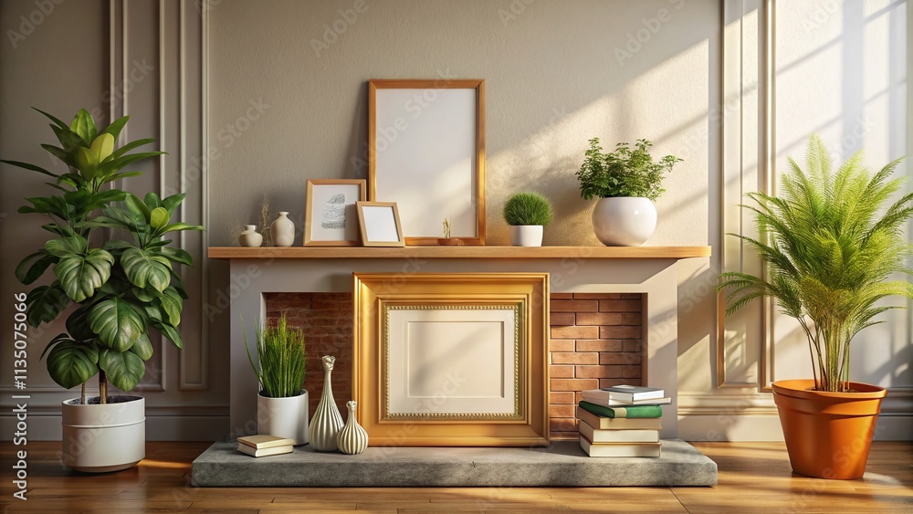 Poster mockup of an empty horizontal picture frame in a cozy living room setting with natural light and min