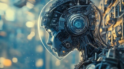 A highly detailed robot head in profile, showcasing complex mechanical parts and a transparent helmet. The futuristic design evokes themes of AI, technology, and human-robot interaction, perfect for