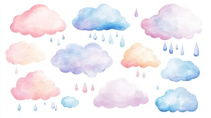 Watercolor Clouds and Rain Drops - Cute Illustration for Kids