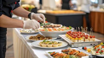 Obraz premium Waiter's hands in rubber gloves preparing food for buffet in restaurant. Catering company arranges various snacks on serving table. professional catering event