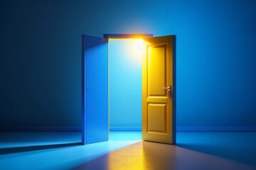 Modern Architectural Design of an Open Blue Door on a Blue Background with Yellow Light Symbolizing Opportunity in a Minimalist Concept Using the Rule of Thirds for Visual Impact