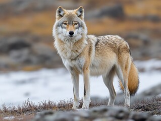 Obraz premium An arctic wolf is poised confidently against a backdrop of endless snowfields in a pristine winter environment