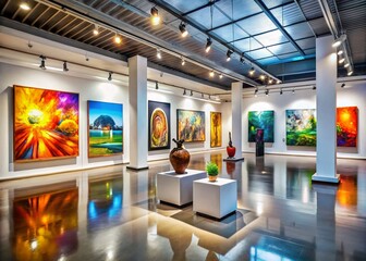 Modern Art Gallery Interior Featuring Striking Abstract Paintings and Unique Sculptures, Showcasing Contemporary Design and Aesthetic in a Bright and Spacious Environment