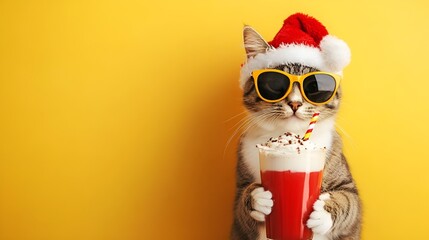 New Years banner without inscription, Stylish gray tabby cat wearing a Santa hat and yellow sunglasses, holding a festive red drink with whipped cream and a straw, against a bright yellow background