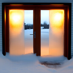 Fototapeta premium Frosted double doors illuminated from within, revealing a snowy winter landscape, evoking warmth and coziness.
