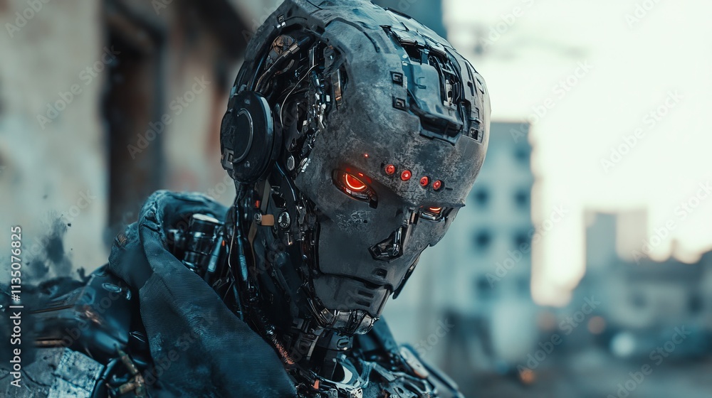 Poster a detailed close-up of a futuristic ai robot with glowing red eyes, standing in a dystopian environm