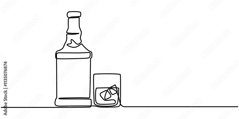 Poster continuous one line drawing. bottle and glass of whiskey with ice. vector illustration, set of whisk