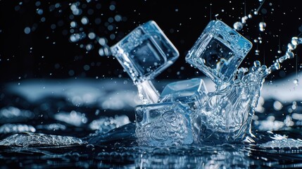 Melting Ice Cubes in Splashing Water with Dramatic Lighting