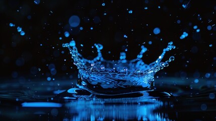 Radiant Blue Water Splash with Reflective Droplets on Black Background