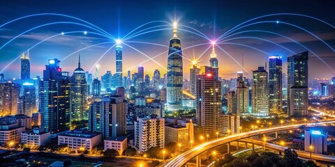 Naklejka premium Modern City at Night with Wireless Network Connections and Futuristic Cityscape, Showcasing Urban Technology Integration and Connectivity in a Vibrant City Environment