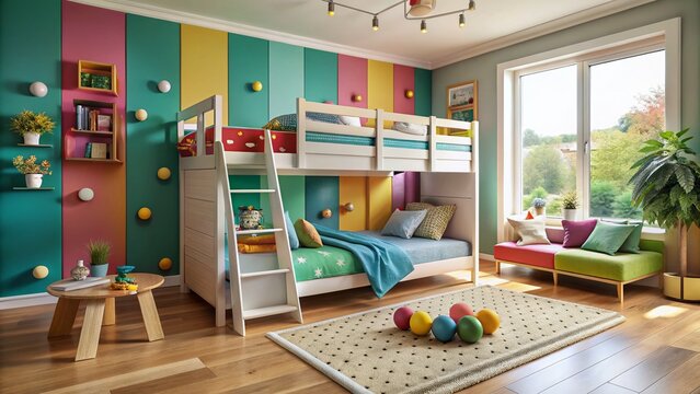 Modern Children's Bedroom Interior Featuring a Fun Bunk Bed with Slide and Playroom Setup for Siblings in a Contemporary Home Design