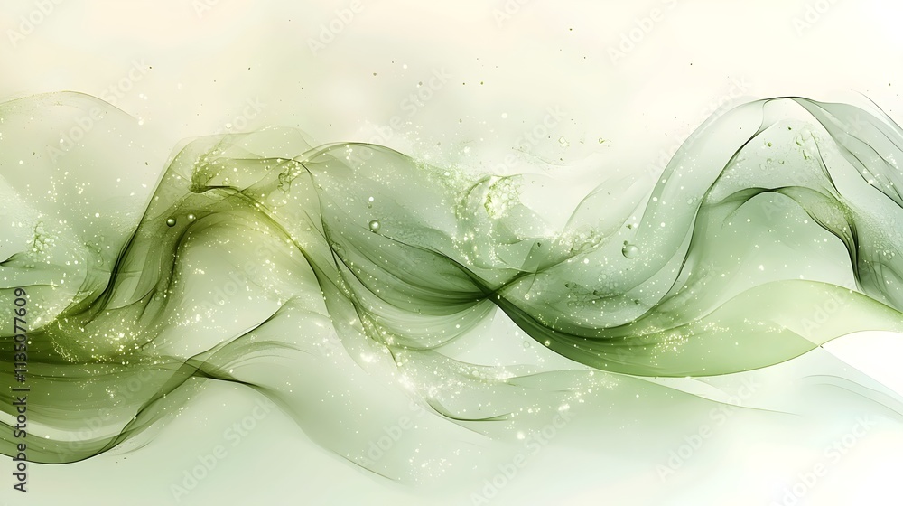 Poster a mesmerizing wave of translucent green fabric flows gracefully, infused with sparkling particles, c