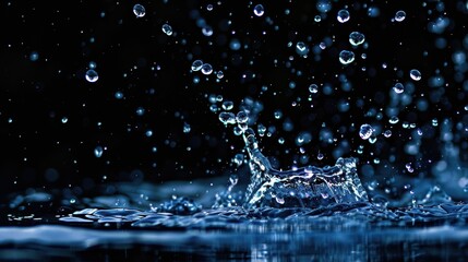 Sparkling Water Splash with Floating Droplets on Black Background