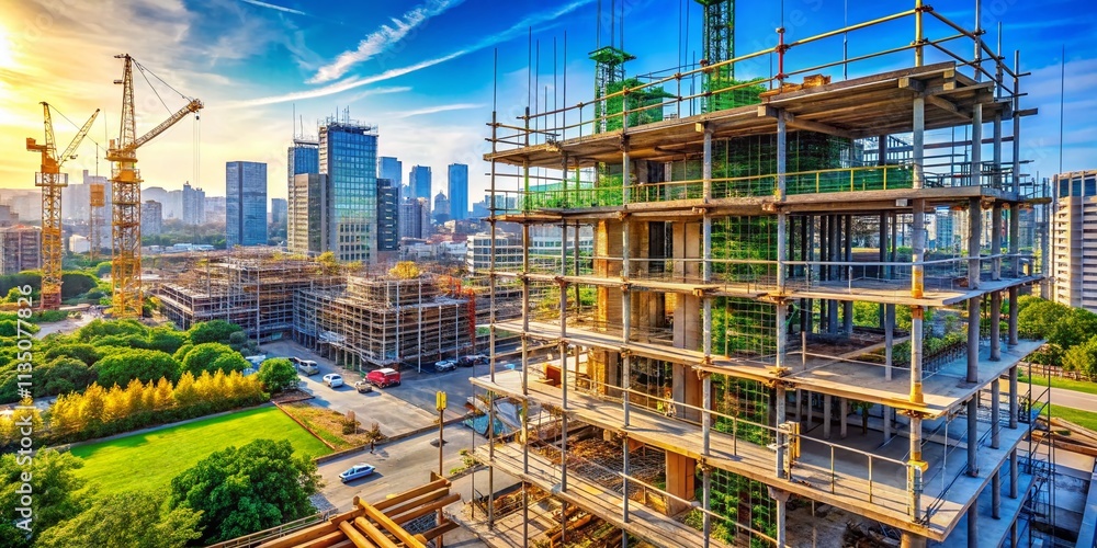 Poster modern construction site with scaffolding on a new building, showcasing urban development and archit