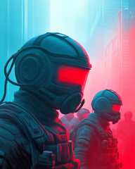 Futuristic soldiers in a neon-lit urban landscape at dusk