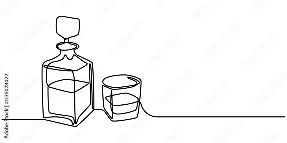 Poster continuous one line drawing. bottle and glass of whiskey with ice. vector illustration, set of whisk