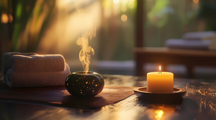 Serene spa ambiance: soft lighting, aromatic diffuser, flickering candle, blissful blur. Blissful. Illustration