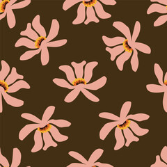 Small colorful flowers and brown flowers, hand drawn. Seamless on a light yellow background. Designed for fabric, fashion, textiles, wallpaper,