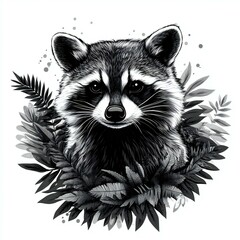 Monochrome Raccoon Portrait Stylized Wildlife Art with Tropical Leaves