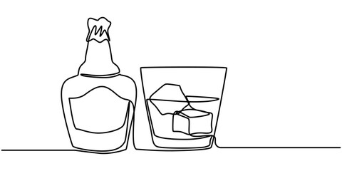 Continuous one line drawing. Bottle and glass of whiskey with ice. Vector illustration, Set of whiskey bottle and glass one line continuous drawing. Bourbon, scotch, brandy, hard drink icon. Hand draw