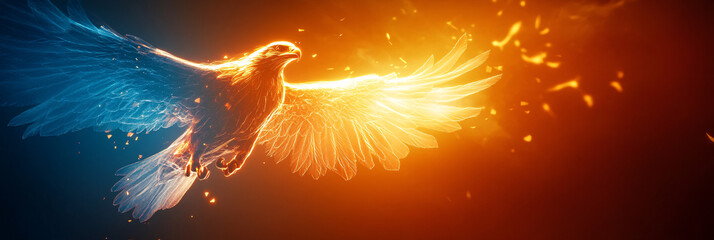 A glowing extreme sports icon with a flying eagle, representing online platforms exploring aerial agility in nature.  
